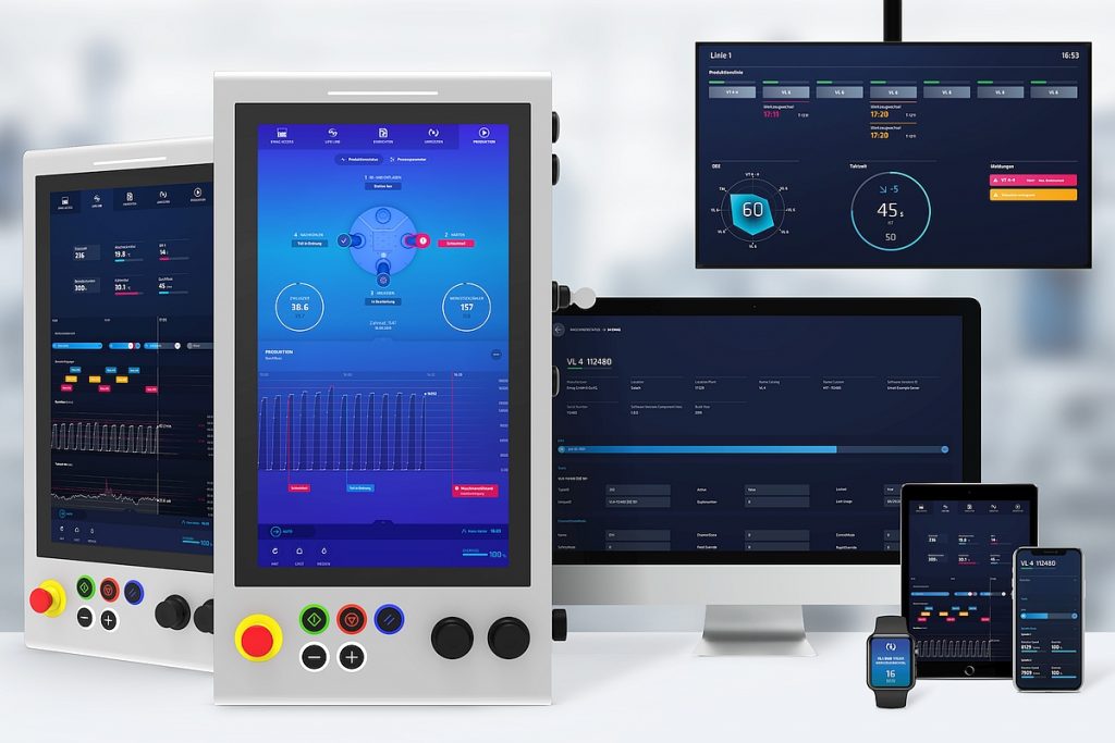 Auf Bildschirmen ebenso wie auf Smartphones lassen sich Produktionssysteme mit EDNA observieren und bedienen. - Bild: Emag