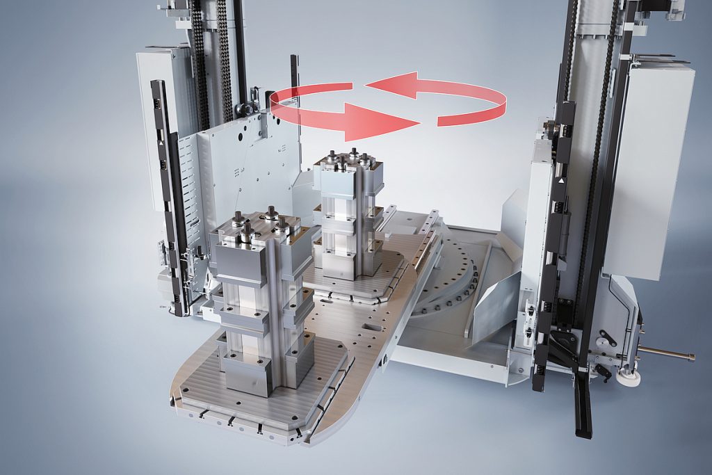 Fastems hat mit dem „Double Mast Crane-Automatic Pallet Changer“, kurz DMC-APC, eine sehr robuste Lösung für den schnellen Palettenwechsel mit einem Doppelmastkran geschaffen. Aufgrund ihrer Tragfähigkeit bis 1000 kg ist sie zudem gerade auch für Werkzeugmaschinen mit höheren Werkstückgewichten ausgelegt. - Bild: Fastems