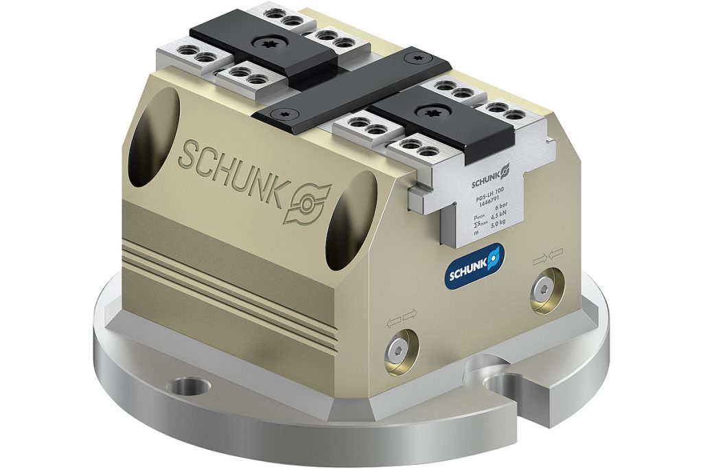 Der pneumatisch zu betätigende Kraftspannblock Schunk Tandem PGS3-LH 100 lässt sich über einen integrierten Flansch unmittelbar auf Maschinentischen, Teilapparaten oder Vero-S-NSL3-150-Spannstationen von Bearbeitungszentren montieren. - Bild: Schunk