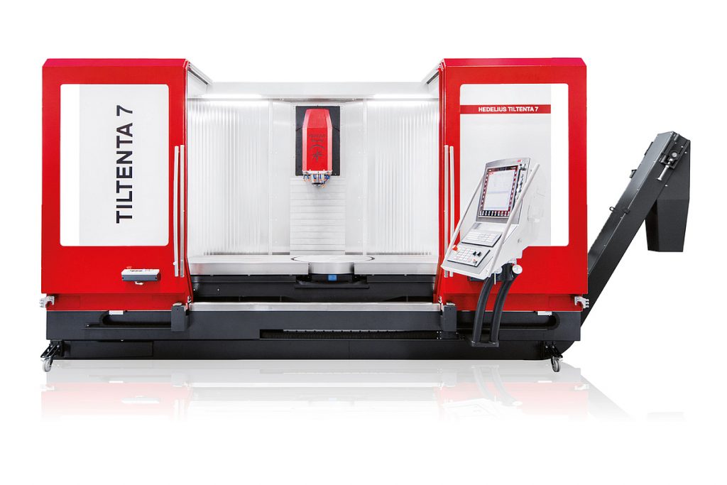 Das vielseitige 5-Achs-Bearbeitungszentrum Tiltenta 7-2000 ermöglicht mit dem großen Maschinentisch 5-Achs-Bearbeitungen von Bauteilen mit einem Störkreisdurchmesser bis 1100 mm und maximal 2000 kg Aufspanngewicht. - Bild: Hedelius 