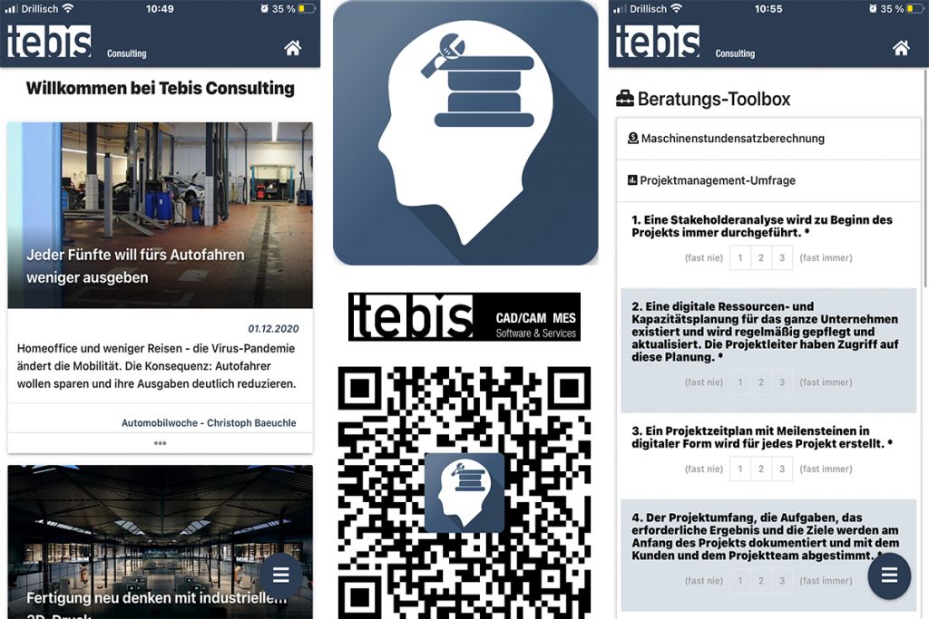 Tebis Consulting ermöglicht mit seiner Consulting-App einen direkten Zugriff auf das gesammelte Wissen des Tebis-Beratungsunternehmens. Übersichtliche Funktionen, Aktuelle Brancheninfos und eine gut gefüllte Toolbox schaffen echten Mehrwert für die Werkzeug-, Modell- und Formenbauer. - Bild: Tebis 
