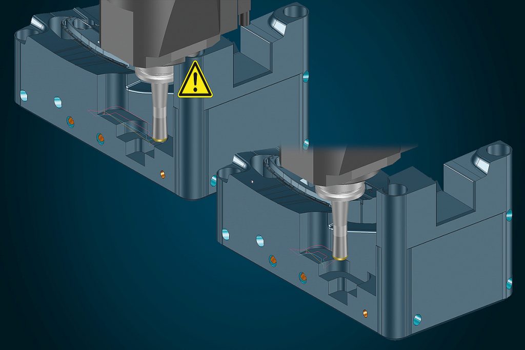 Kopfsache bei Tebis 4.0: Für mehr Sicherheit wird der Maschinenkopf bei der Kollisionsprüfung während der NC-Berechnung in allen relevanten Aspekten berücksichtigt. Das System nimmt bei Bedarf automatisch eine Bereichsverkleinerung unter Berücksichtigung des Maschinenkopfs vor. - Bild: Tebis AG