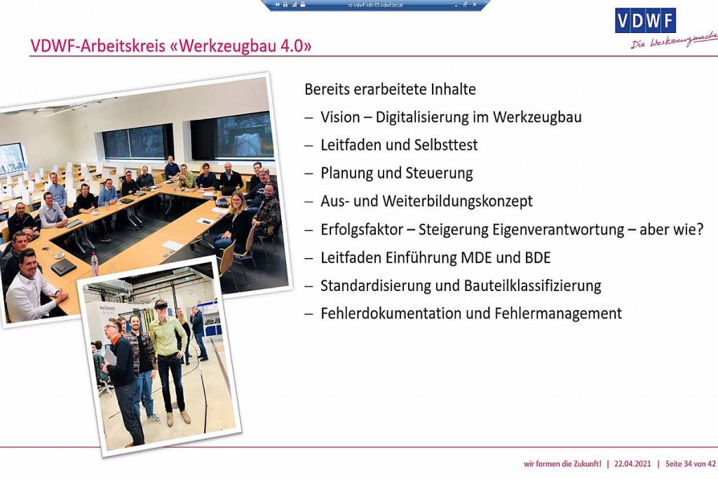 Im VDWF-Arbeitskreis "Werkzeugbau 4.0" erarbeiten die Teilnehmer unter der Leitung von Jens Lüdtke von Tebis Consulting die wichtigen Inhalte zum Thema Werkzeugbau und Digitalisierung. Das Themenspektrum, das zeigt die Präsentation bei "VDWF informiert", reicht dabei von der Vision einer Digitalisierung im Werkzeug- und Formenbau über einen Leitfaden mit Selbsttest bis hin zu einem tragfähigen Aus- und Weiterbildungskonzept. - Bild: Pergler Media