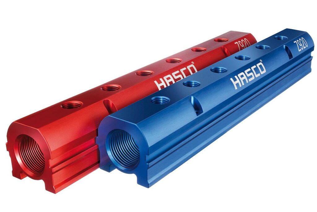 Unter anderem stellt der Lüdenscheider Normalienspezialist Hasco auf seinem Stand auf der Fakuma die neu ins Programm aufgenommenen Verteilerblöcke für flexibel gestaltete Temperierkreisläufe vor. - Bild: Hasco
