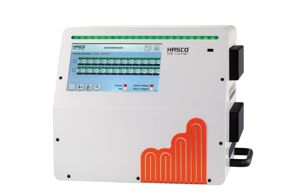Die innovative Regelgeräteserie Primezone H1281 von Hasco hot runner will mit höchster Regelgenauigkeit, intuitivem Bedienkomfort und umfassenden Diagnosefunktionen überzeugen. Das Touch-Display und ebenso leistungsfähige Softwaretechnologien auf dem aktuellen Stand ermöglichen für das Regelgerät eine einfache und intuitive Bedienung. - Bild: Hasco hot runner
